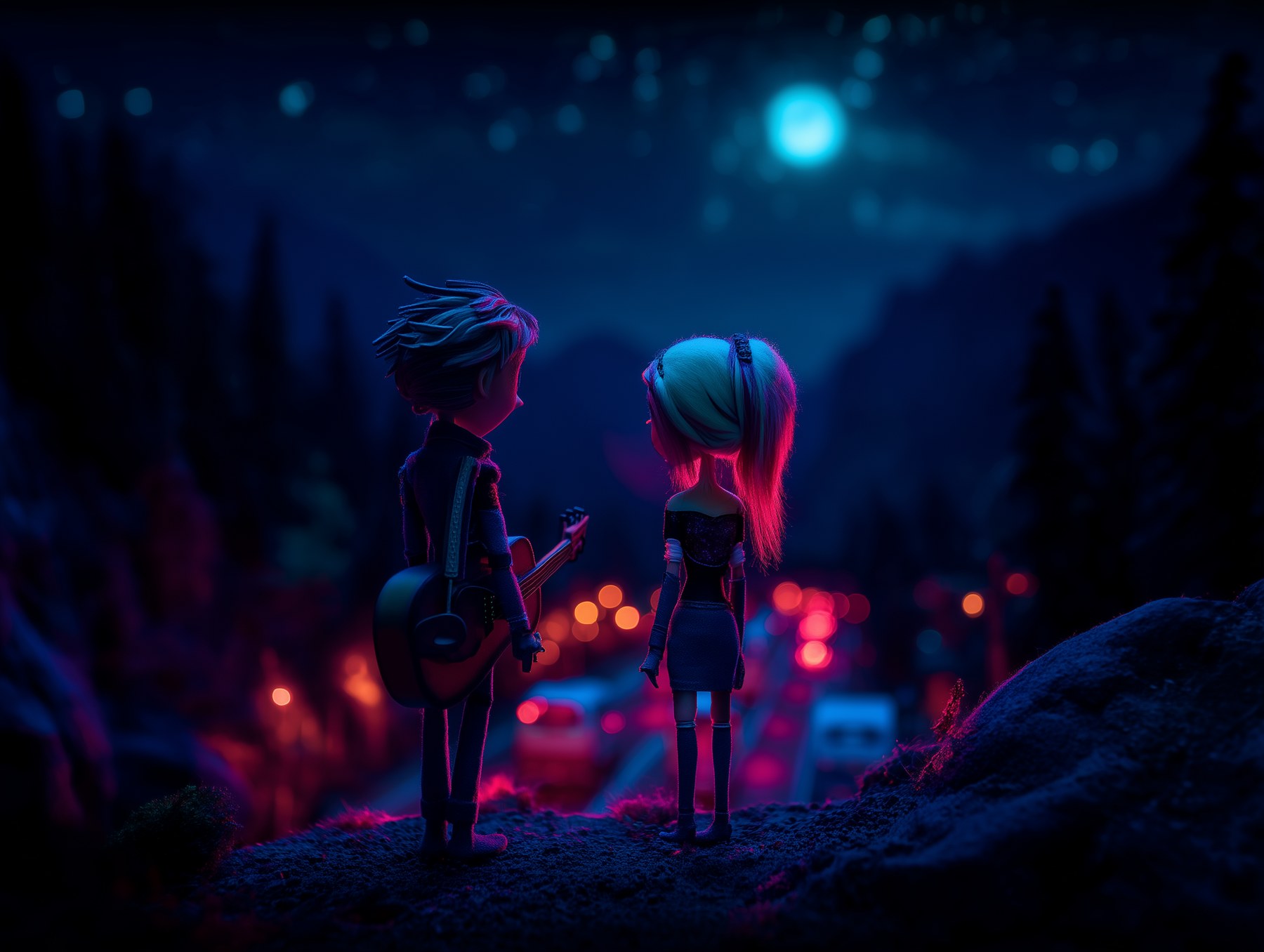powderpoint — two stop-motion characters on a moonlit overlook at night, one with a guitar on his back, above a glowing valley.